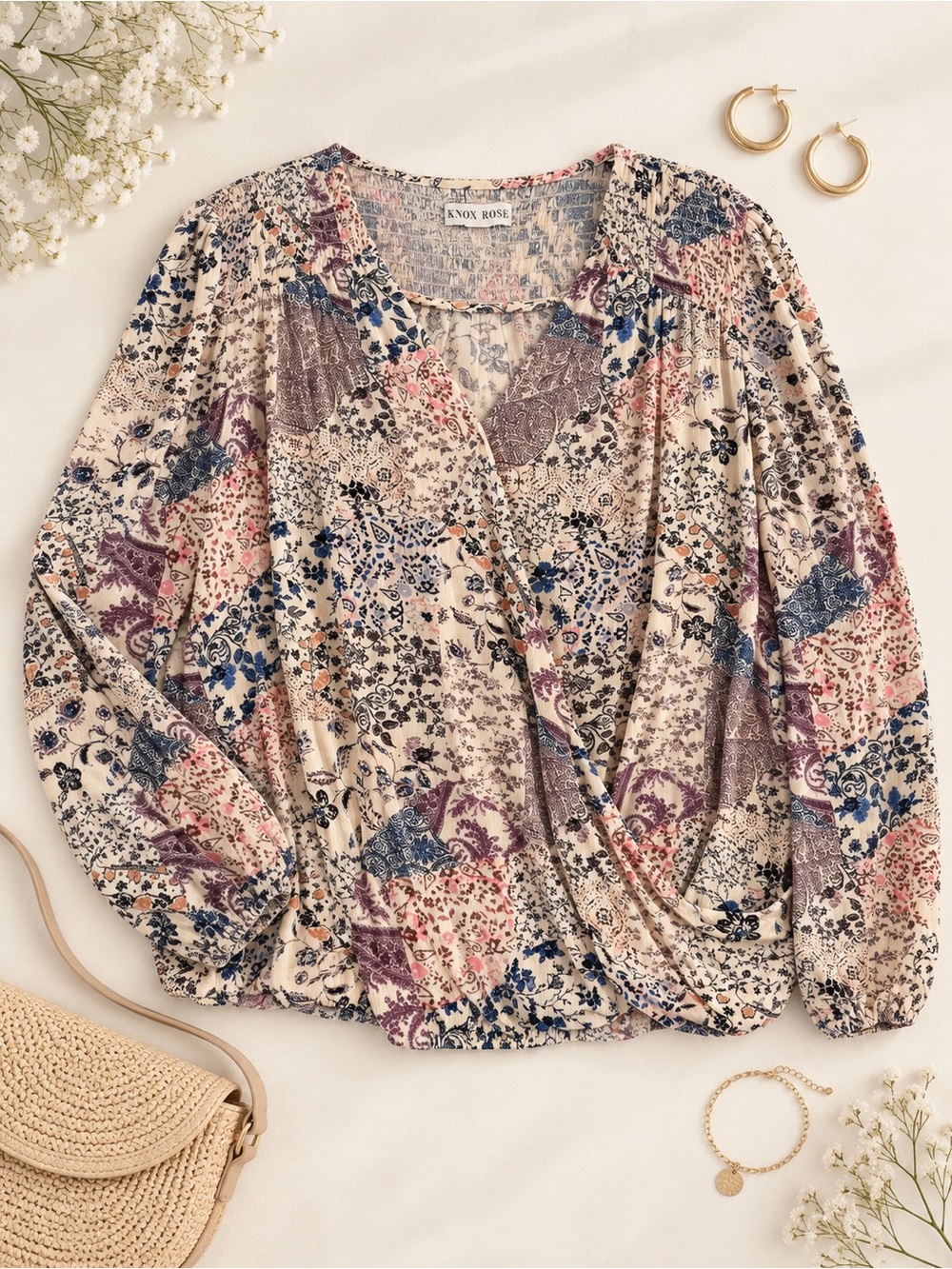 Knox Rose Patchwork Floral Smocked Wrap Front Blouse XXL Boho NWT